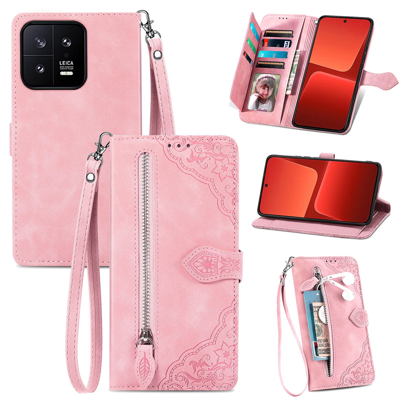 For Xiaomi 13 5G Stand Wallet Protective PU Leather Phone Case Flower Imprinted Pattern Zipper Pocket Cell Phone Cover For Xiaomi 13 5G Stand Wallet Protective PU Leather Phone Case Flower Imprinted Pattern Zipper Pocket Cell Phone Cover